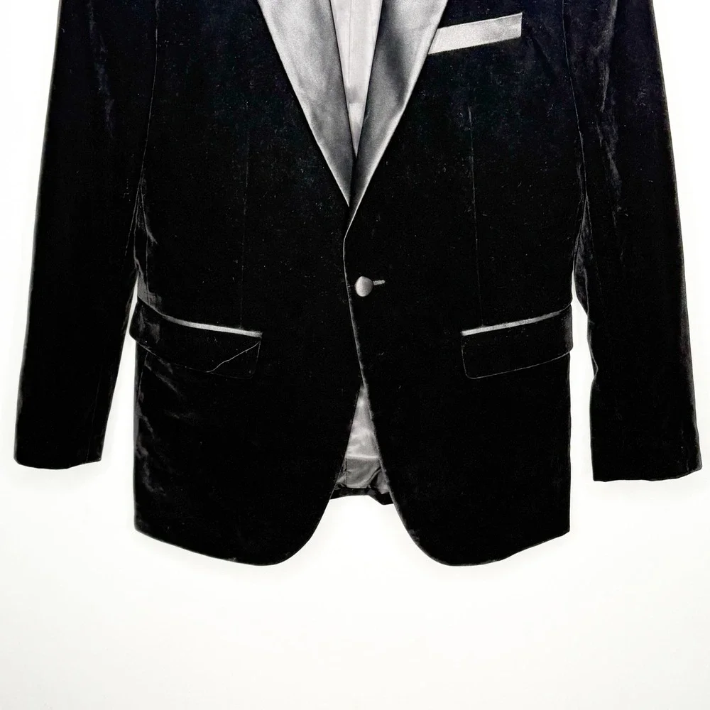Kudoro Mens Black Velvet Tuxedo Jacket Satin Peak Lapel Formal Blazer Small